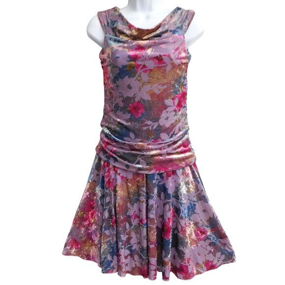 Burnout VeLVet Vintage Floral Dress Drape Neck Drop Ruched Waist Swing Skirt USA